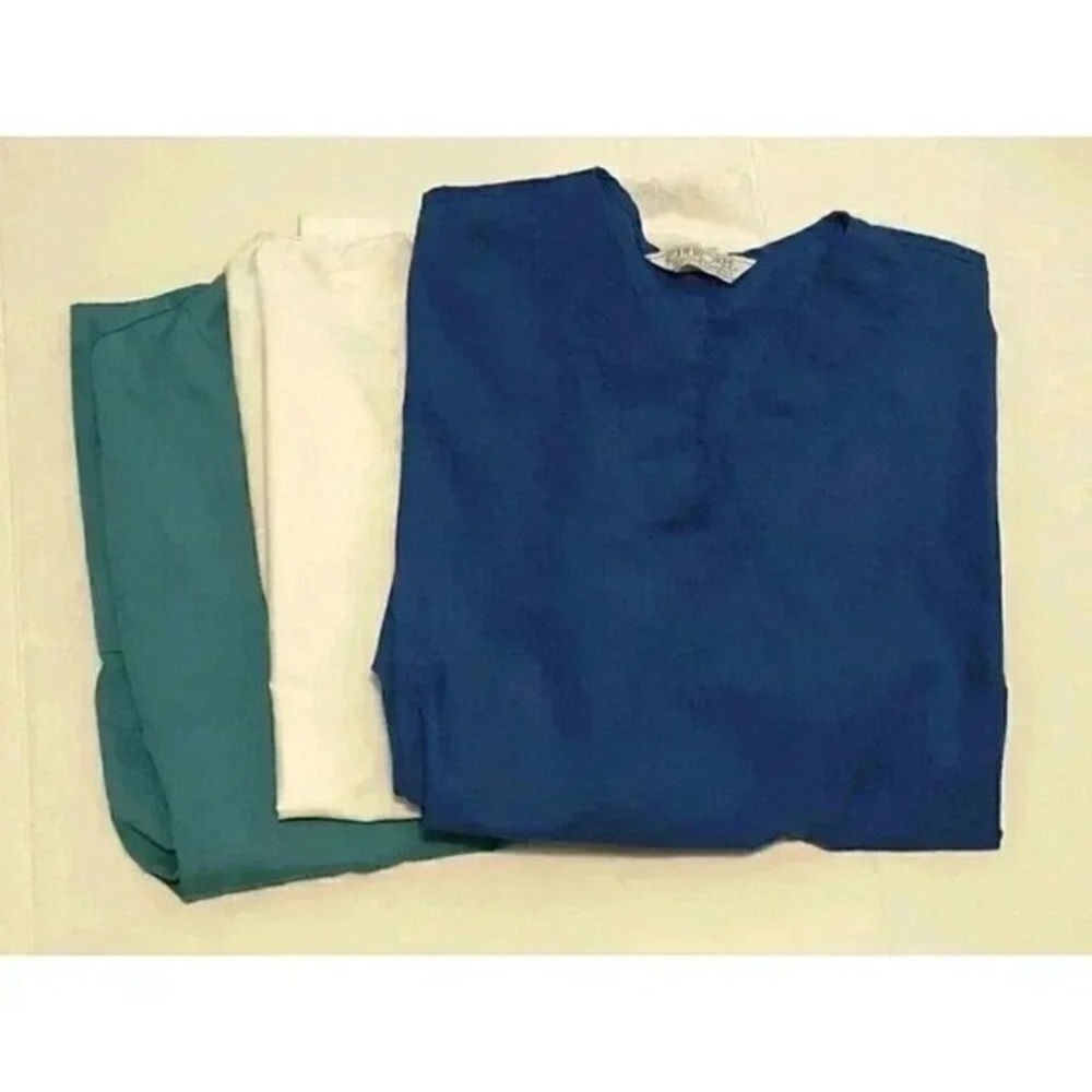Lot of 3 Womens Scrub Tops Large Cherokee Liana Blue White Green Medical Wear